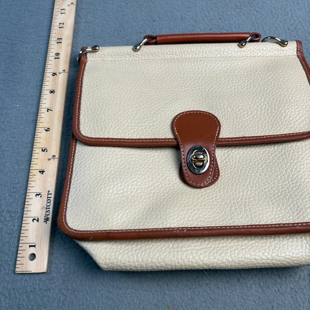 Vintage Pebbled Leather Satchel Handbag Cream Brown Turn Lock Top Handle Bag